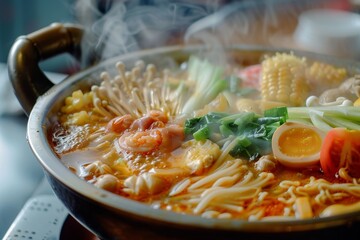 Wall Mural - A bowl filled with steaming noodles topped with shrimp, carrots, corn, and broccoli, A steaming hot pot filled with an assortment of meats, vegetables, and noodles in a savory broth