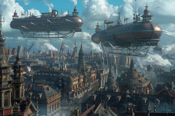 Poster - a sprawling urban landscape filled with towering skyscrapers and bustling city life, a steampunk cit