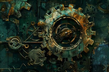 Poster - A detailed view of a clock hanging on a wall, surrounded by steampunk-inspired gears and cogs, A steampunk-inspired background with gears and cogs interlocking