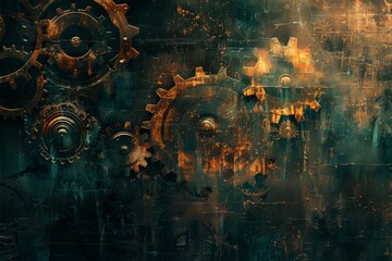 Wall Mural - Detailed view of a clock face mounted on a wall, featuring a steampunk-inspired background with gears and cogs, A steampunk-inspired background with gears and cogs interlocking