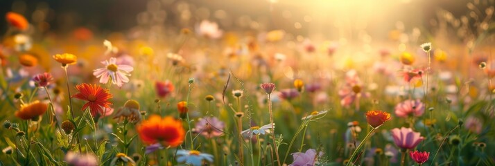 A field of wildflowers bursts with color under the warm glow of a setting sun. Copy space on the left side of the image