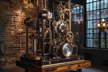 Poster - Vintage clock with intricate design sitting on wooden table, A steampunk-inspired contraption blending Victorian aesthetics with advanced technology