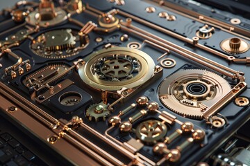 Poster - Detailed shot of intricate clock gears and hands in a steampunk-inspired design with brass accents, A steampunk-inspired laptop design with brass accents and mechanical details