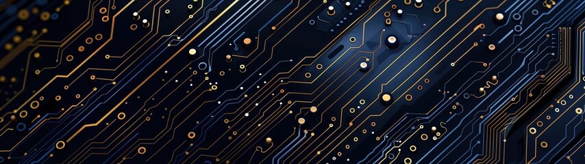 Wall Mural - Electronic circuit board detailed close-up, dark blue gold computer motherboard. AI ML technology hardware minimalist concept background banner