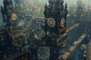 Poster - A large clock tower looms over a bustling metropolis, dominating the city skyline, A steampunk-inspired metropolis with towering clockwork structures