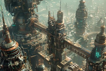 Poster - a futuristic cityscape featuring numerous towering buildings with a steampunk-inspired design, a ste