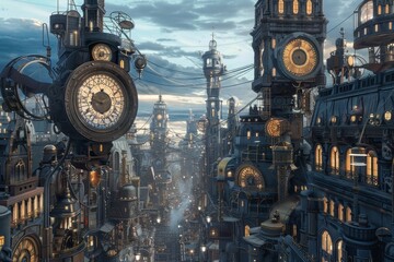 Poster - A bustling metropolis filled with towering buildings adorned with elaborate clocks, A steampunk-inspired metropolis with towering clockwork structures