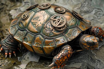 Poster - Close-up of a steampunk turtle with gears and cogs, resting on a rock, A steampunk-inspired turtle with gears and cogs on its shell