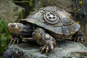 Poster - A statue of a turtle adorned with gears and cogs, sitting on top of a sturdy rock, A steampunk-inspired turtle with gears and cogs on its shell