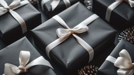 Wall Mural - Christmas gifts wrapped in black paper with a white silk ribbon on a black background with decors. New Year Christmas. Place for text. Copy space