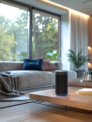 Leinwandbilder - A sleek voice assistant device rests on a wooden coffee table in a modern living room, featuring large windows and a cozy atmosphere. Generative AI