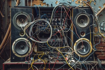 Poster - Multiple wires jumbled on top of a speaker system, some disconnected, A stereo system with jumbled wires and disconnected speakers