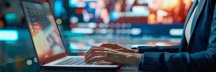 Wall Mural - A persons hands are typing on a laptop in front of a blurry background of a live news broadcast