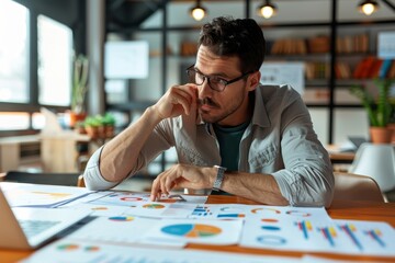 Wall Mural - A man sitting at a table, focused on examining documents and graphs as part of strategic planning, A strategic planner analyzing graphs and data charts with a sharp focus and determined expression