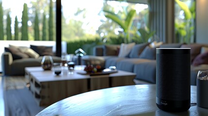 Poster - A sleek, black voice assistant device sits on a stylish, modern coffee table in a living room, ready to interact with users. Generative AI