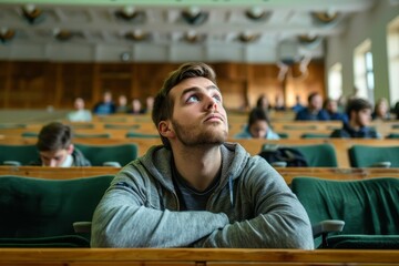 Poster - A man sitting in a lecture hall, gazing upwards while listening to the lecture, A student daydreaming in a lecture hall