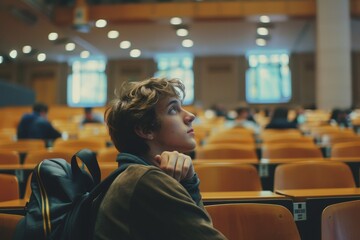 Poster - A young man sitting attentively in a crowded lecture hall, surrounded by classmates and listening to a speaker, A student daydreaming in a lecture hall