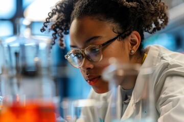 Poster - A woman in a lab coat conducting experiments with scientific equipment in a laboratory setting, A student experimenting with a science project in a laboratory