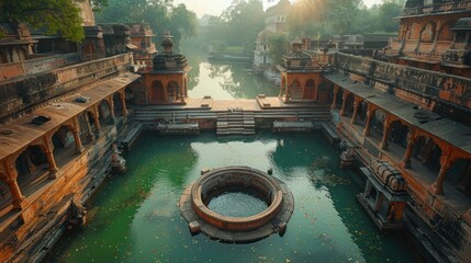 Ancient Indian Water Tank Complex With Stone Walls and a Round Pool in the Center