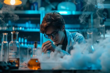 Poster - A man in a laboratory inspecting a pipe for a science project, A student experimenting with a science project in a laboratory