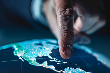 Poster - A closeup of an executive's hand pointing at the globe, symbolizing global business.