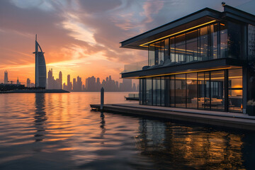 Wall Mural - A stylish waterfront home with glass walls, glowing under the warm light of a Dubai sunset