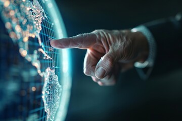 Poster - A closeup of an executive's hand pointing at the globe, symbolizing global business.