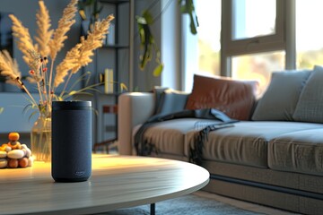 Poster - A cylindrical voice assistant device sits on a wooden coffee table in a stylish living room. Generative AI