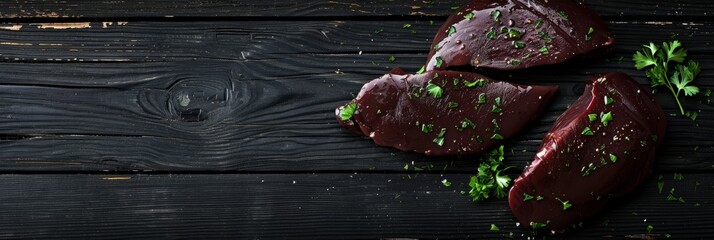 Wall Mural - A close-up shot of fresh beef liver on a black wooden background with copy space. The liver is seasoned with salt and parsley, and the composition leaves room for text on the right side