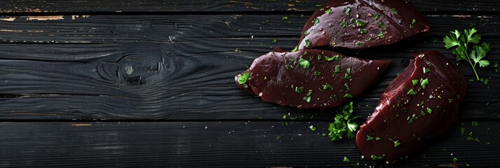 Sticker - A close-up shot of fresh beef liver on a black wooden background with copy space. The liver is seasoned with salt and parsley, and the composition leaves room for text on the right side