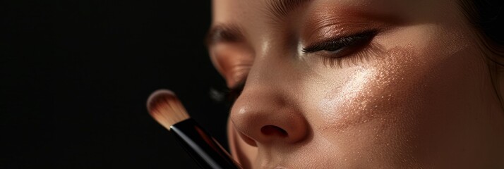 Wall Mural - A closeup view of a womans face during a makeup application. The makeup artist is using a brush to apply shimmering highlighter, enhancing the cheekbones