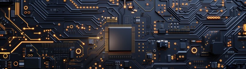 Wall Mural - Electronic circuit board detailed close-up, dark black computer motherboard. AI ML technology hardware minimalist concept background banner