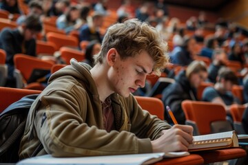 Poster - A young student sitting in a lecture hall, writing notes attentively during a class, A student scribbling notes in a lecture hall, surrounded by peers