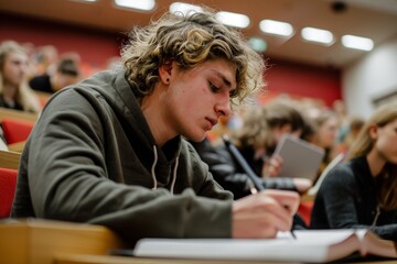 Poster - A young man sitting in a lecture hall, focused on writing notes on a piece of paper, A student scribbling notes in a lecture hall, surrounded by peers