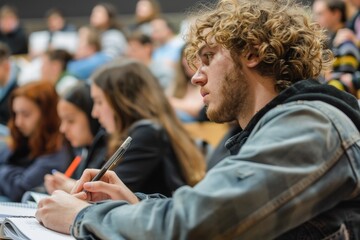 Poster - A man sitting at a table, holding a pen and scribbling notes, A student scribbling notes in a lecture hall, surrounded by peers
