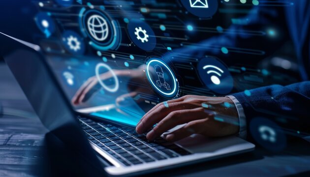 Businessperson Working on Laptop with Futuristic Interface suitable for business background, posters, wallpapers, banners, greeting cards, and advertising for business entities or brands.