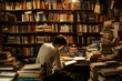 © Iftikhar alam - A student sitting at a table surrounded by books in a library, A student sitting in a library, surrounded by books and study materials