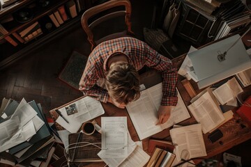 Poster - A person focused on studying at a table covered in books and papers, A student studying diligently at a desk, surrounded by books and papers