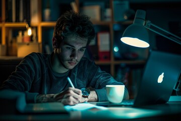 Poster - A man sitting at a desk, focused on his laptop screen, next to a cup of coffee, A student studying late at night with a cup of coffee