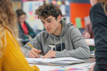 Poster - A young man sits at a table, focused on writing on a piece of paper, A student working on a group project with classmates