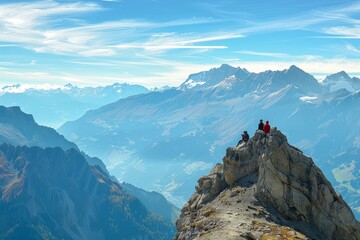 Sticker - A group of individuals sitting together at the summit of a mountain, enjoying the view, A stunning panoramic view from a mountain peak, with hikers resting at the summit