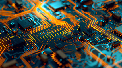 Poster - Orange, blue technology background/Orange and blue technology background circuit board and code