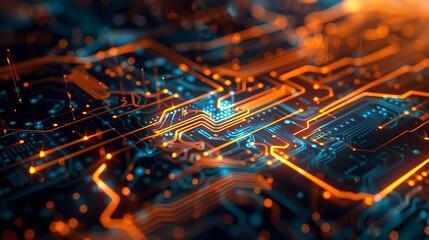 Poster - Orange, blue technology background/Orange and blue technology background circuit board and code