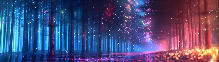 Poster - Neon Glowing Forest   Abstract Digital Cyber Landscape with High Tech Patterns and Captivating Lights