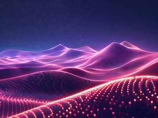 Poster - glowing digital neon desert landscape with abstract cyber patterns and high tech aesthetic