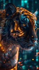 Poster - Cybernetic Tiger Amidst Glowing Stripes in Futuristic Digital Jungle Landscape with Dramatic Cyber Background