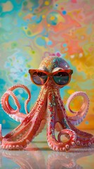 Wall Mural - Funny octopus wearing sunglasses in studio with a colorful and bright background, octopus drawing