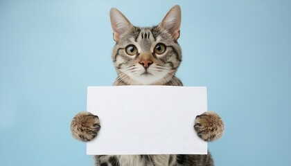 Cute cat holding white paper mockup on blue background
