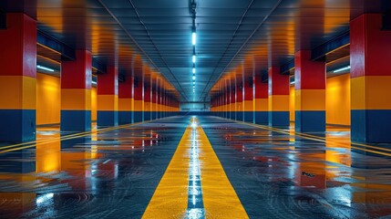 Colorful Underground Parking Garage with Wet Floor