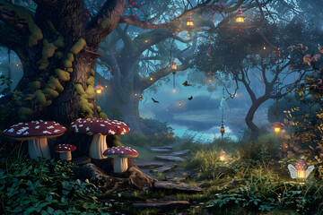 Wall Mural - An enchanted forest glade with whimsical toadstool stools and fairy lanterns, nestled among ancient oak trees and a view of a tranquil moonlit pond